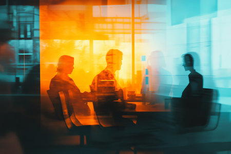 Double exposure of business meeting with glass window and blurred office in blue and orange tonesの写真素材