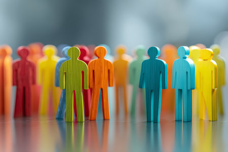Diverse abstract figures standing together, symbolizing community and unity in vibrant colorsの写真素材