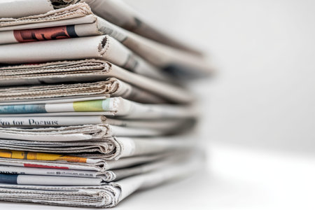 Close up of stacked newspapers on white background with ample copy space for creative use
