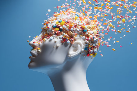 A white mannequin head surrounded by multicolored pills and capsules against a blue backdropの写真素材