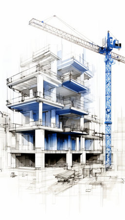 Architectural blueprint of an industrial building under construction with detailed design elementsの写真素材