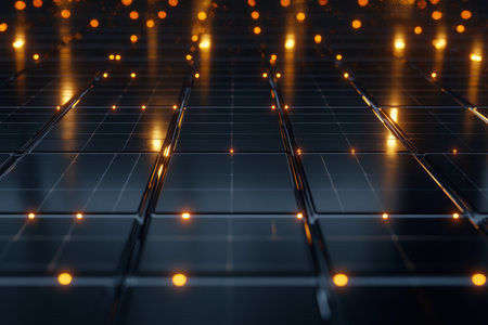 Futuristic 3d rendering of a solar panel grid with glowing lights on a sleek black backgroundの写真素材
