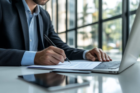 Businessman signing contract at desk close up of hands with pen and laptop in modern office setting