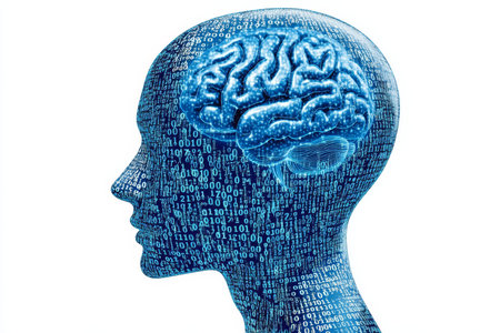 Abstract human head profile with digital brain and binary code for ai concept illustration design
