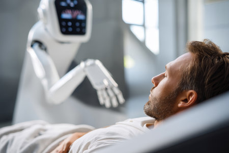 Businessman relaxing in spa with ai robot companion in modern office setting and digital displayの写真素材