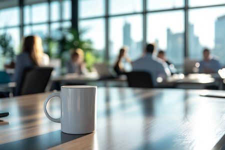 Coffee mug on office table with blurred meeting room background and sunlight streaming inの写真素材