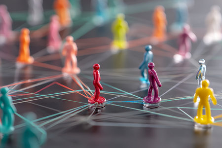 Vibrant network map illustrating social connections with colorful figurines and communication linesの写真素材