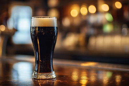 Glass of dark beer on bar counter with blurred background and space for text overlayの写真素材
