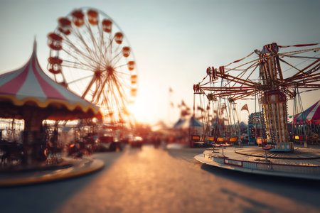 Vibrant amusement park sunset with blurred carousels and ferris wheels for minimalist design useの写真素材