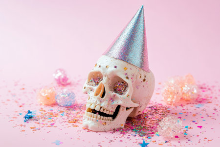 Glittery halloween skull with party hat and confetti on soft pastel background for celebrationの写真素材