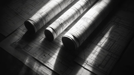 Architectural blueprints and technical drawings on dark surface showing construction detailsの写真素材