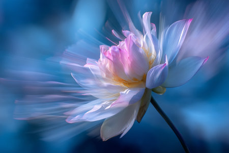 Ethereal dance of wind surrounding a vibrant lotus flower against a minimalistic blue backgroundの写真素材