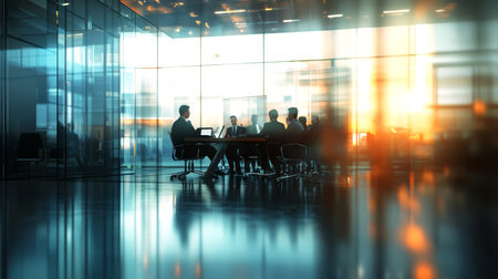 Dynamic business team collaborates in a modern office setting with glass walls and natural lightの写真素材