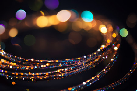 Shiny and sparkling wire bracelet with colorful lights on a dark abstract photography background.の写真素材