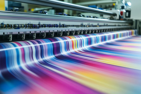 Close up of a digital printing machine creating vibrant advertising posters in a modern workshopの写真素材