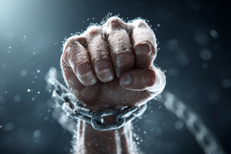 Dynamic 3d rendering of a fist breaking chains symbolizing freedom, strength, and human growthの写真素材