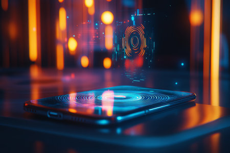 Smartphone on table with holographic icons illustrating modern technology and social media conceptsの写真素材