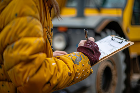Close up of a woman s hand writing on a clipboard at a construction site for safety checklistの写真素材