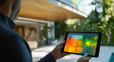 Professional examining heat map on ipad, highlighting warm and cool areas in modern mansionの写真素材