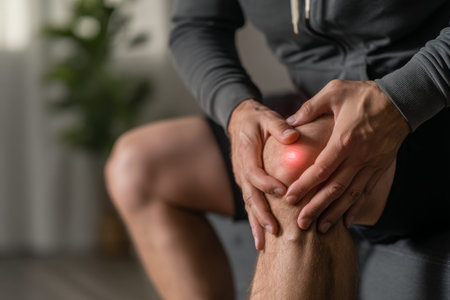 Young man suffering knee pain close up of hand on joint with warm spot in blurred living room