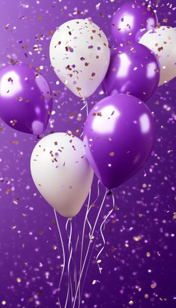 Vibrant vector design featuring purple and white balloons with confetti for celebrations and partiesの写真素材