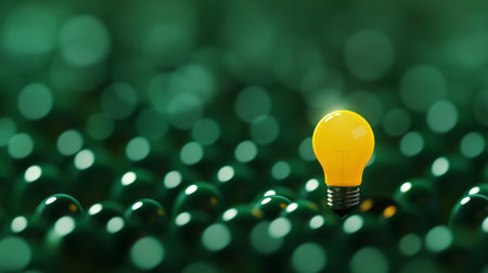 A unique yellow light bulb on a green background illustrating creativity and innovation for web useの写真素材