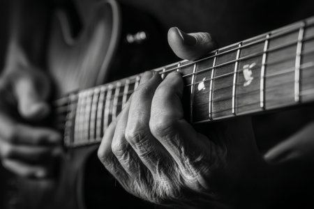Close up of hands playing electric guitar in black and white with soft lighting and dark backgroundの写真素材