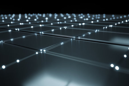 Futuristic 3d visualization of a solar panel grid with glowing lights on a dark backgroundの写真素材