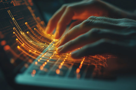 Close up of hands typing on laptop with holographic graphs for business growth conceptの写真素材