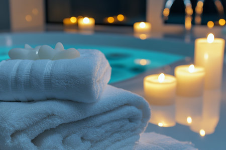 Tranquil spa ambiance with white towels and candles beside a hot tub for relaxation and wellnessの写真素材