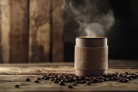 Captivating espresso steam rising above coffee beans on rustic wooden table with natural lightingの写真素材
