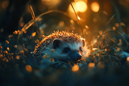 A hedgehog amidst grass captivating close up with bokeh background and natural lighting detailsの写真素材