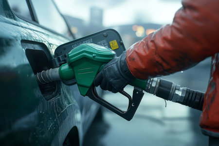 Close up of a green gas pump with person in jacket refueling car on a cloudy day at stationの写真素材