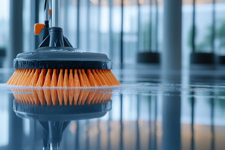 Professional floor cleaning machine in action reflections on wet glass and concrete floorsの写真素材