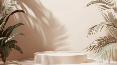 Abstract 3d background featuring empty podium and tropical leaves for cosmetic product displayの写真素材
