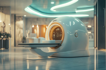 Cinematic perspective of a side positioned mri scanner in a modern medical clinic interiorの写真素材