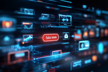 Close up of a search bar with fake news text and holographic web icons on a dark backgroundの写真素材