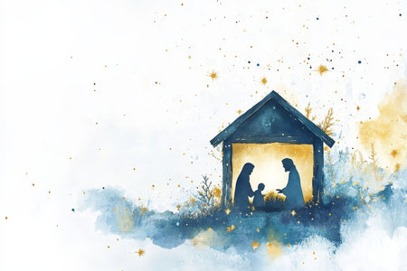 Enchanting watercolor nativity scene featuring Mary, Joseph, and baby Jesus in pastel huesの写真素材