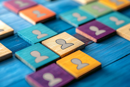 Vibrant handcrafted wooden tiles featuring human icons on blue table for team building concept