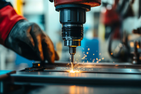 Hands operating miniature drill on aluminum frame in factory setting for industrial applicationsの写真素材