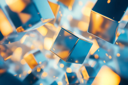 Futuristic cyberpunk architecture abstract blue cubes with golden light and metallic texture
