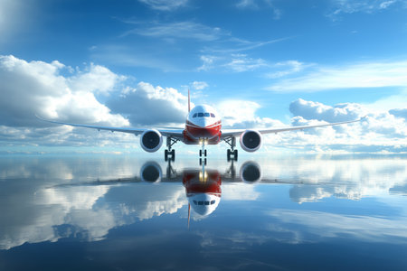 Photorealistic 3d render of an airplane taking off with reflection on water and blue skyの写真素材