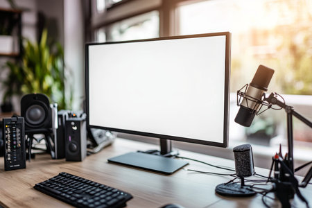 Modern home office setup featuring a blank white screen computer and podcast equipment on desk