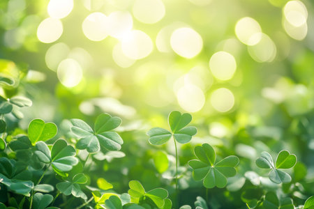 Soft and dreamy stpatrick s day background with clover leaves and bokeh lights for text spaceの写真素材
