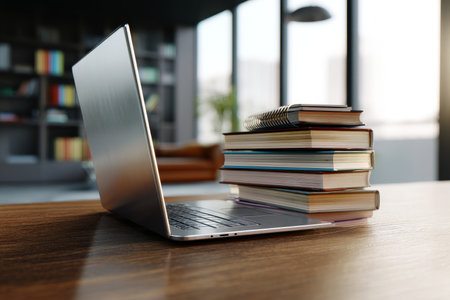 Modern office with laptop and books on wooden table concept for online education and learningの写真素材
