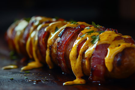 Close up of bacon wrapped chicken fillets, sausage, and honey mustard on a dark backgroundの写真素材