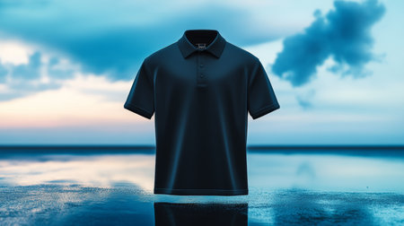 Classic Black Polo Shirt Mockup, Blank T-Shirt Template on Blue Background for Fashion Advertisingの写真素材