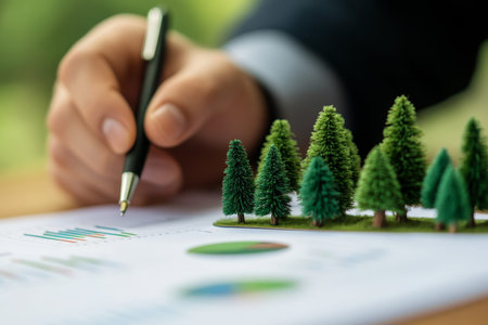 Businessman developing a financial and green energy strategy with forest model for ecology project