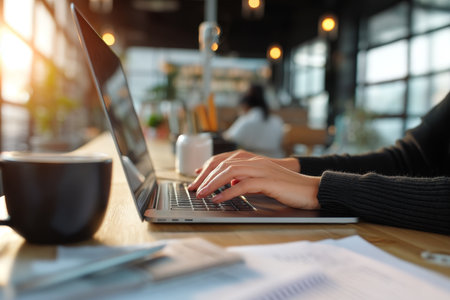 Businesswoman typing on laptop with financial documents and coffee in modern cafe settingの写真素材
