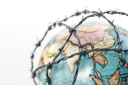 Close up of barbed wire surrounding a globe with india highlighted, symbolizing global peace conceptの写真素材